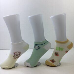 Womens Ankle Socks Set 3 Teddy Bear Sheep Print Yellow Green Cream White Brown